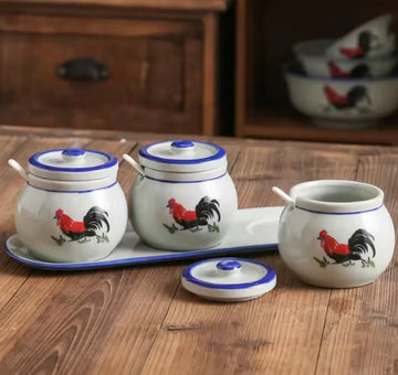 Heritage Rooster Ceramic Condiment Jar with Tray